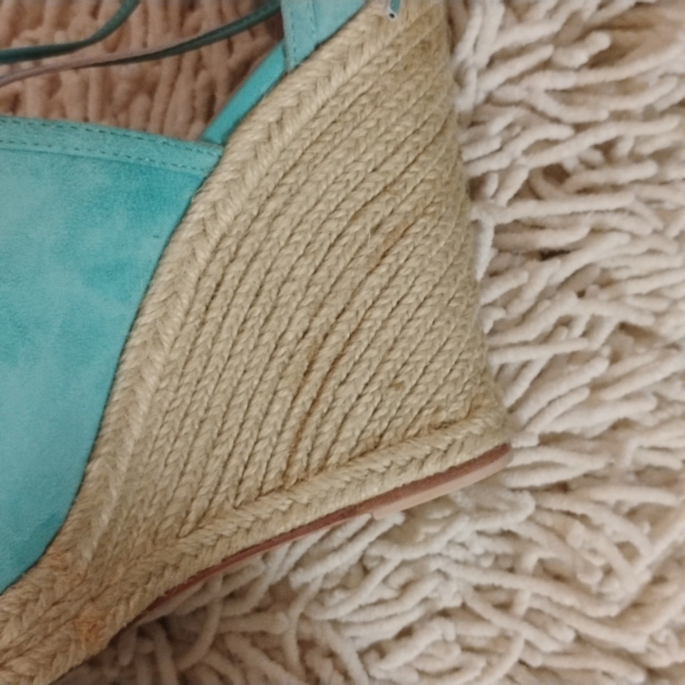 Trina Turk Turquoise Suede Leather Lace up Ankle Wrap Wedge Sandals - Picture 8 of 12